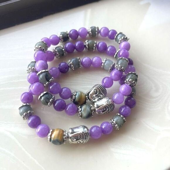 Hand Crafted Jewelry - Dream tiger eye Buddha head labradorite kunzite ONE NEW stretch bracelet hand cr